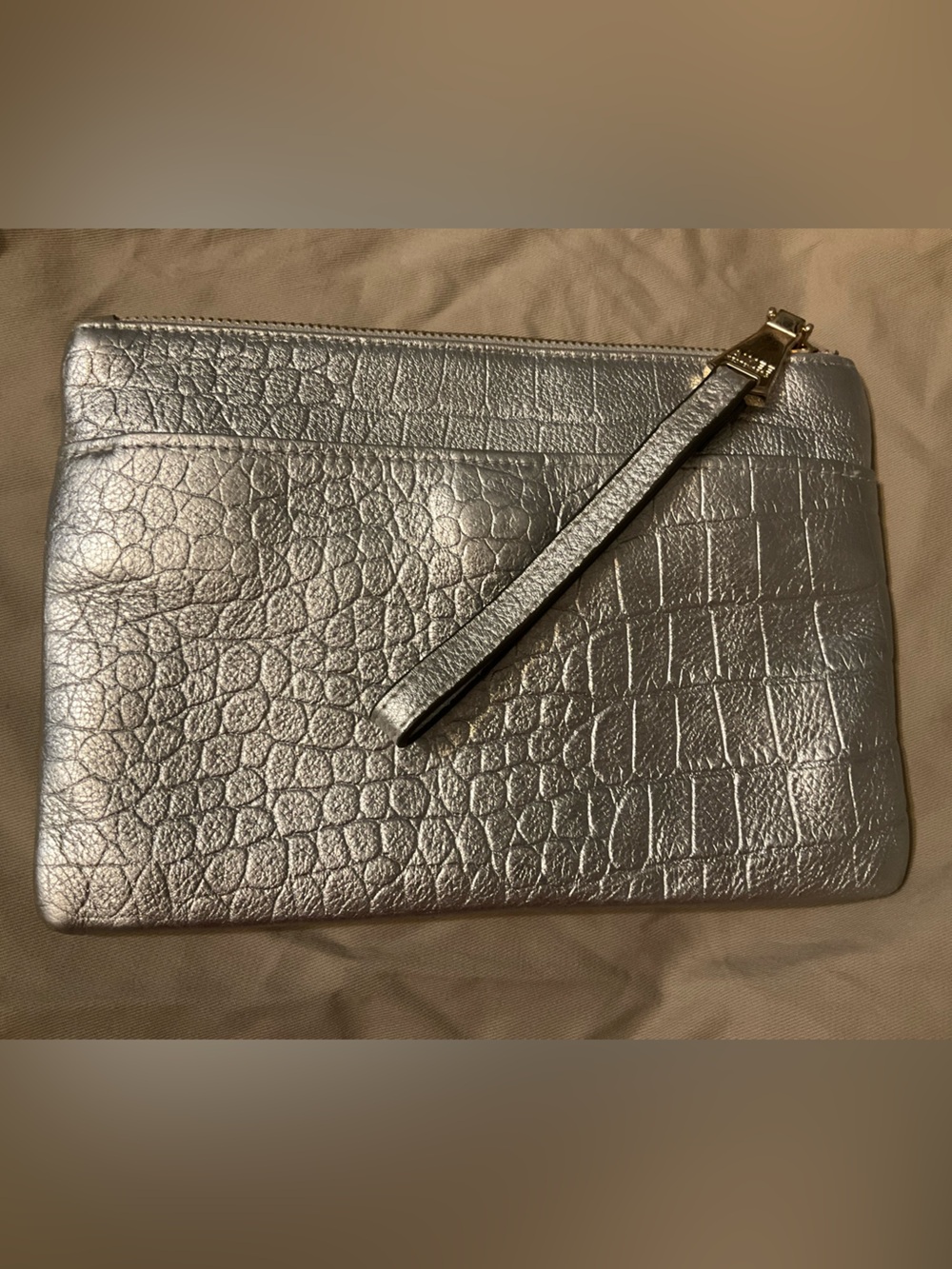 Aimee Kestenberg Meville Pouch Leather Silver Crocodile Texture Wristlet Clutch